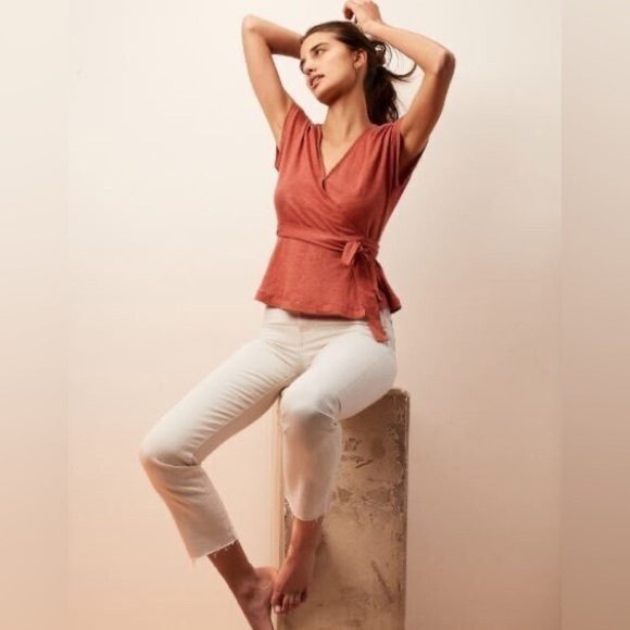Banana Republic Rust Vneck Cropped Wrap Blouse Linen Beach Boho Peasent Prep SP - Picture 1 of 10